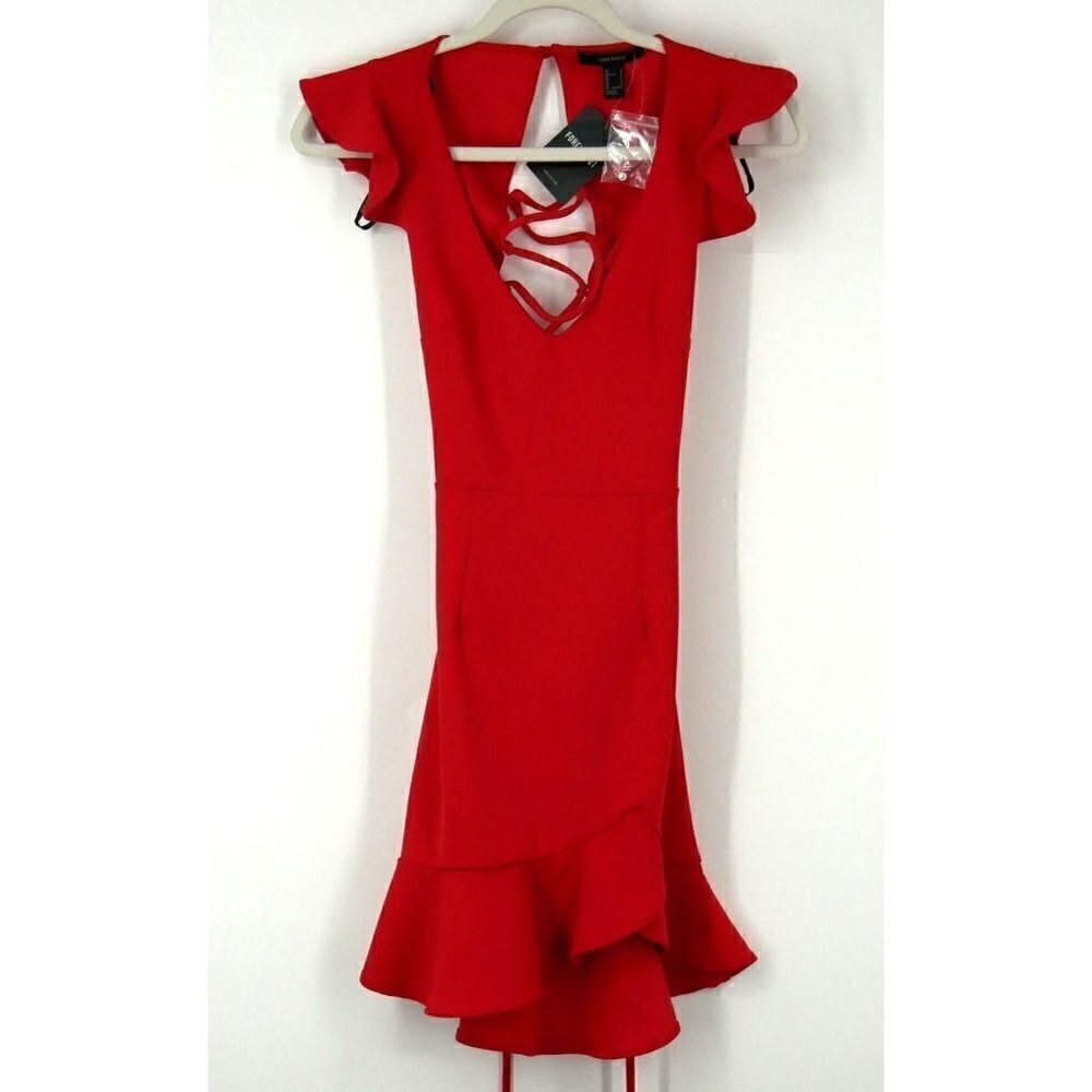 NWT Forever 21 Ruffle Surplice Red Lace‎ Up Dress S